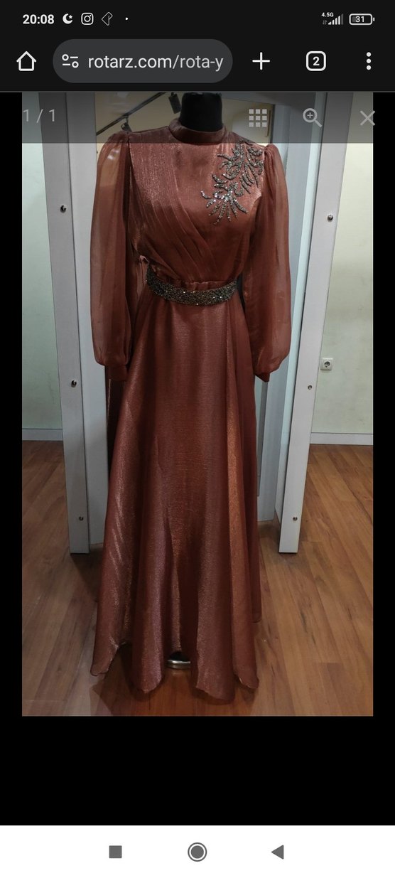 Kahverengi Uzun Kollu Parlak Kadın Abiye Elbise - Görsel 2