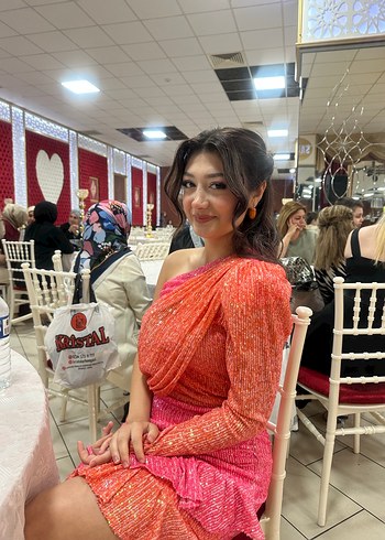 Abiye Pullu Pembe Uzun Kollu Drapeli Abiye Elbise