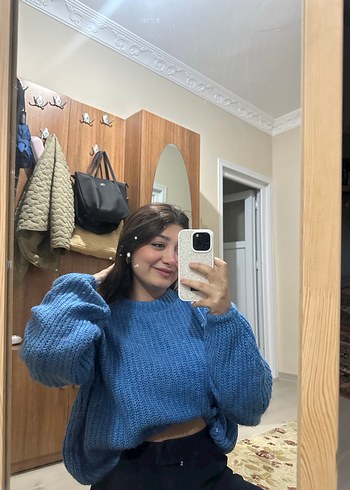 Mavi Örgü Yüksek Yakalı Kadın Kazak