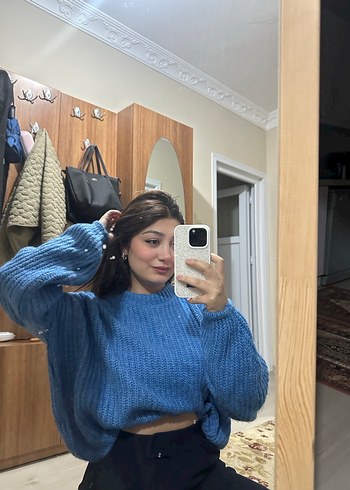 Diğer Mavi Örgü Yüksek Yakalı Kadın Kazak