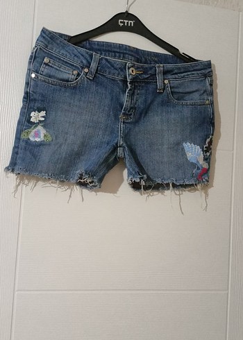 Colin's Nakışlı Lacivert Mini Denim Şort