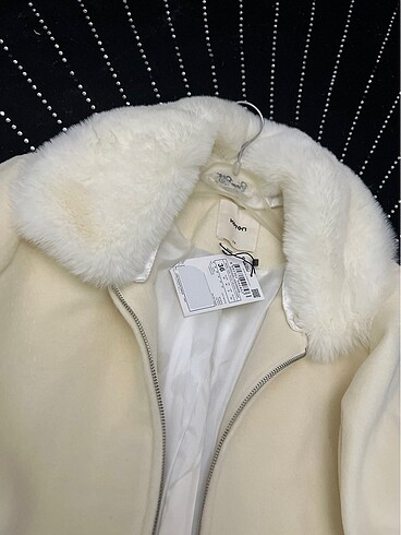 Koton Koton kırık beyaz yaka kürk palto