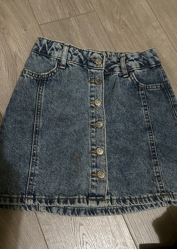 Düğmeli Mavi Batik Desenli Denim Mini Etek