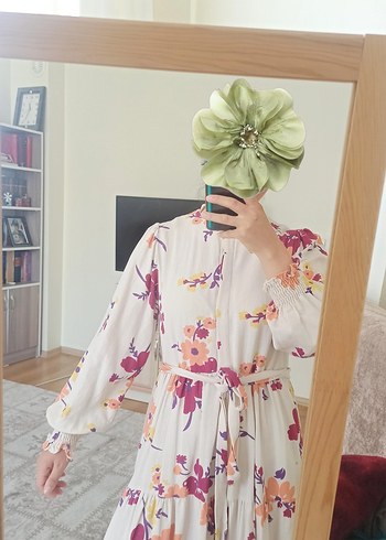 Diğer Bej Çiçek Desenli Bohem Uzun Elbise