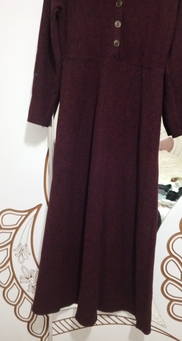 Bordo Düğmeli Uzun Yün elbise - Görsel 2