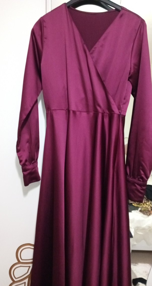 Bordo Drapeli Uzun Kadın Elbise kemerli - Görsel 2