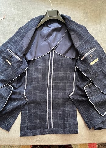 Erkek Lacivert Ekose Desenli Slim Fit Takım Ceket - Görsel 3