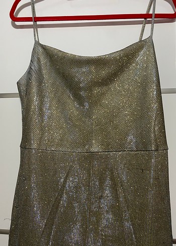 Parlak Altın Renkli Uzun Drapeli Abiye Elbise - Görsel 2