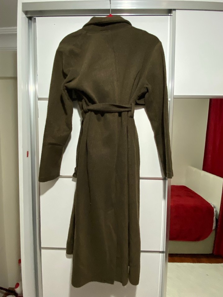 Koyu yeşil Kuşaklı Uzun yumuşak yün Kabanı - Görsel 2