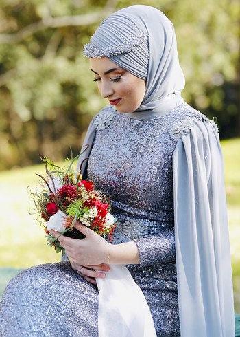 40 Beden gri Renk Gri Bohem Etnik Desenli Uzun Kollu Abiye Elbise