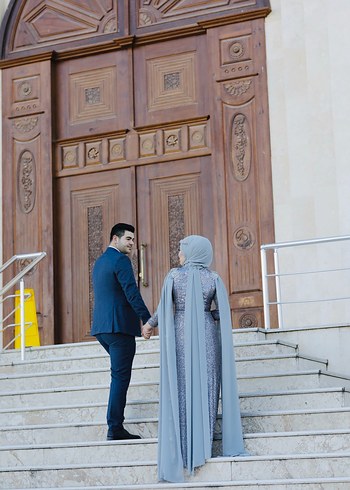 Abiye Gri Bohem Etnik Desenli Uzun Kollu Abiye Elbise