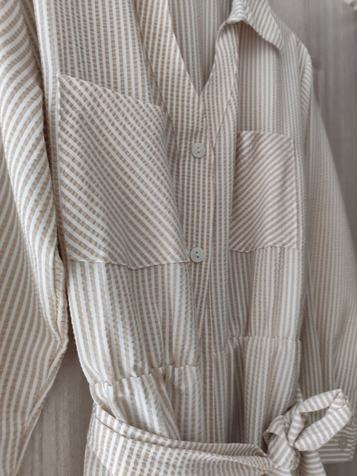 Bej Çizgili gofre  Kadın dügmeli elbise - Görsel 3