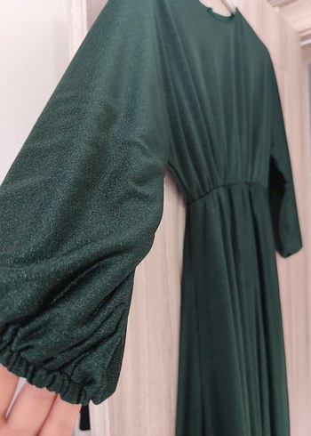 Uzun Kol Drapeli simli Yeşil Elbise - Görsel 2