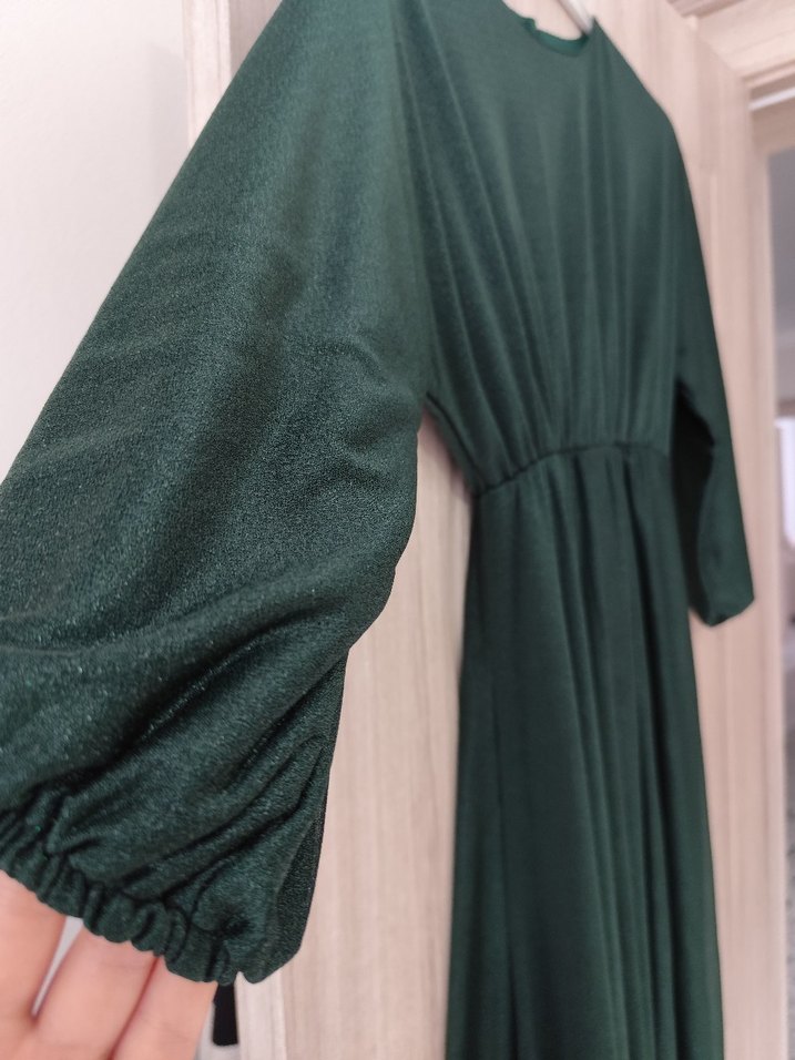 Uzun Kol Drapeli simli Yeşil Elbise - Görsel 2