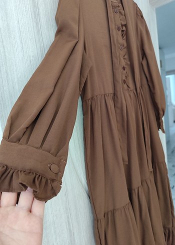 Kadın Kahverengi Uzun Keten Elbise - Görsel 2