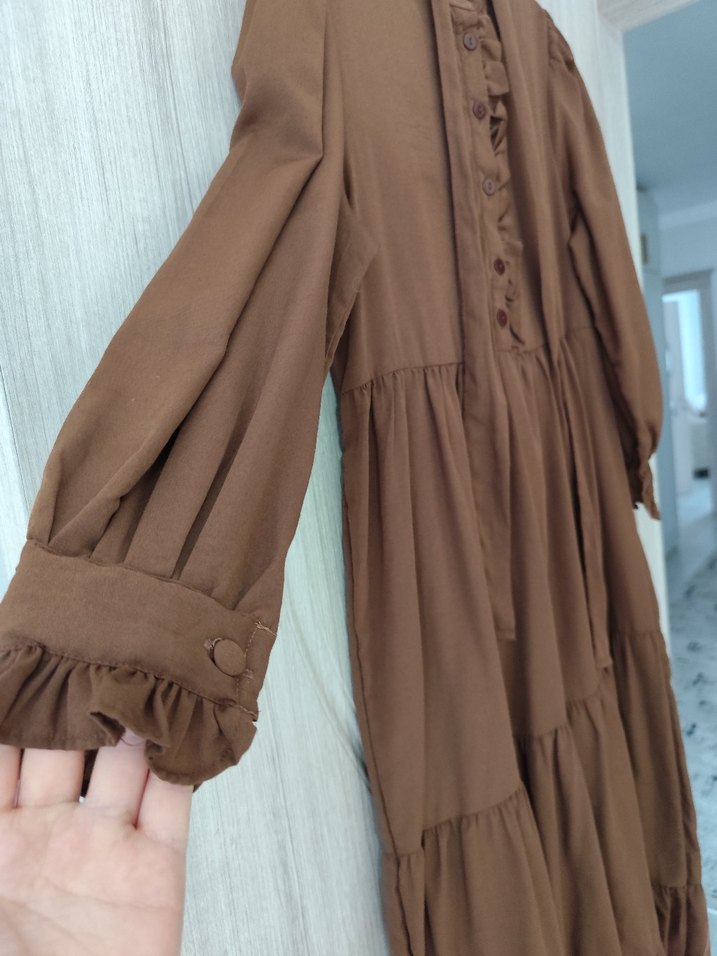 Kadın Kahverengi Uzun Keten Elbise - Görsel 2