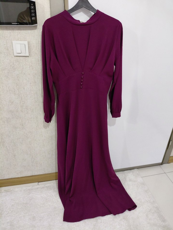 Mor Uzun Kollu Yaka Kadın Elbise - Görsel 5