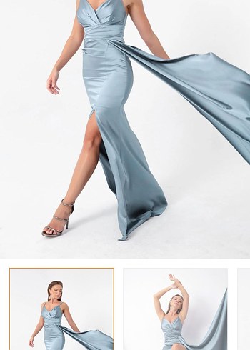 Gri Drapeli V Yaka Uzun Abiye Elbise - Görsel 4