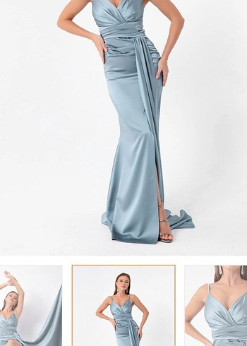 Gri Drapeli V Yaka Uzun Abiye Elbise - Görsel 5