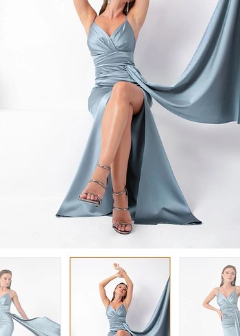 Gri Drapeli V Yaka Uzun Abiye Elbise - Görsel 6