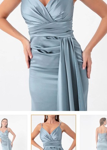 Gri Drapeli V Yaka Uzun Abiye Elbise - Görsel 2