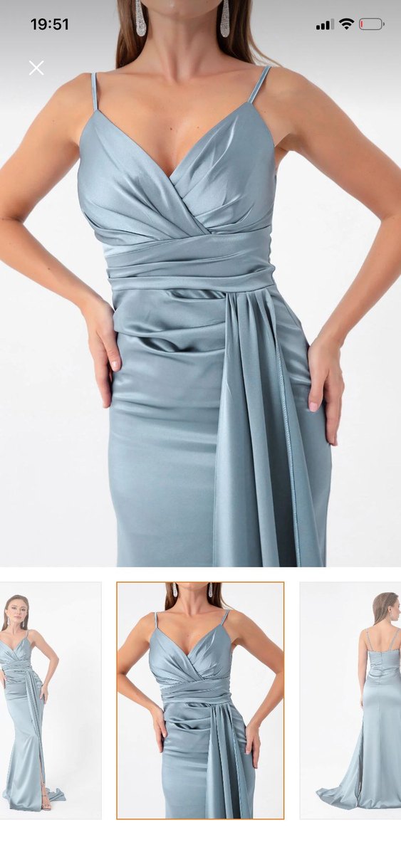 Gri Drapeli V Yaka Uzun Abiye Elbise - Görsel 2