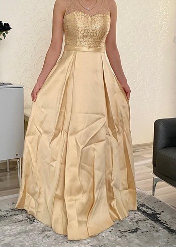 Bej Nakışlı Midi V Yaka Dantelli Abiye - Görsel 5