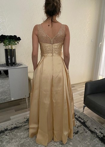 Bej Nakışlı Midi V Yaka Dantelli Abiye - Görsel 3