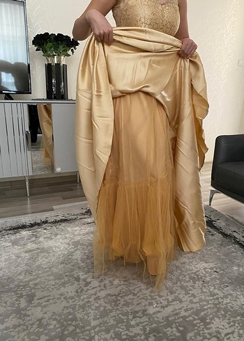 Bej Nakışlı Midi V Yaka Dantelli Abiye - Görsel 4