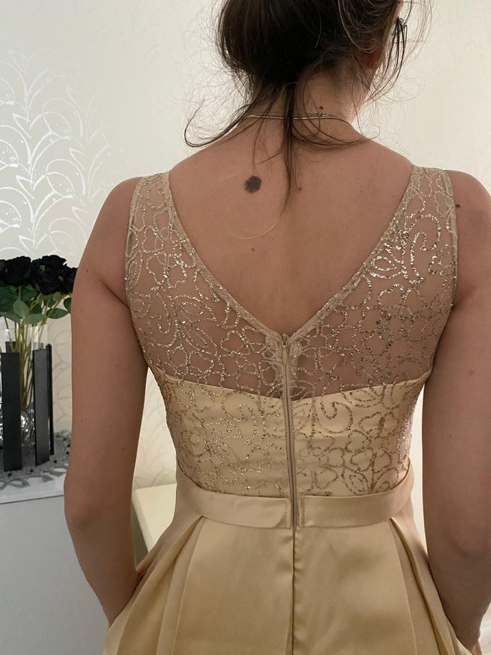 Bej Nakışlı Midi V Yaka Dantelli Abiye - Görsel 2