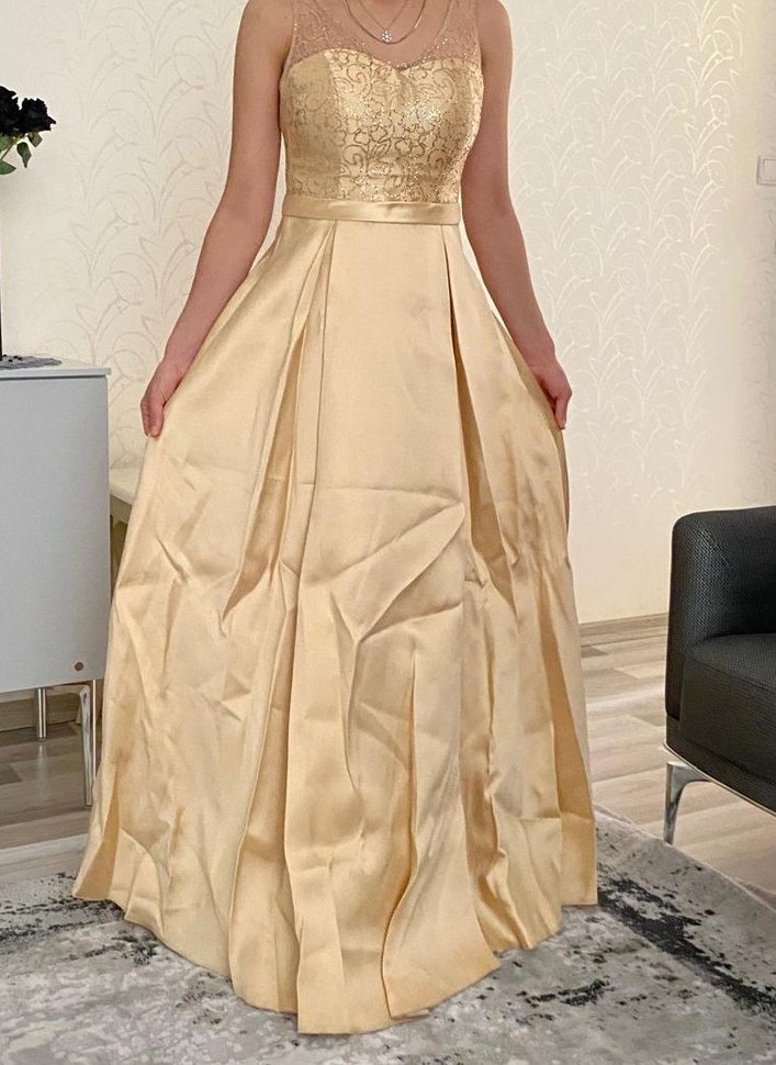 Bej Nakışlı Midi V Yaka Dantelli Abiye - Görsel 5