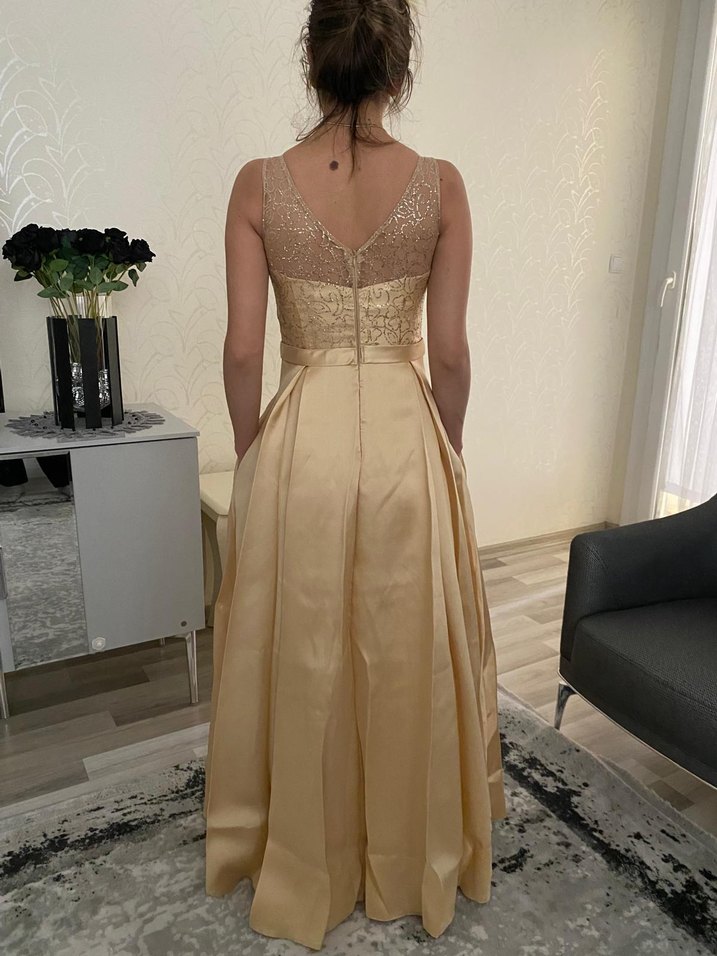 Bej Nakışlı Midi V Yaka Dantelli Abiye - Görsel 3