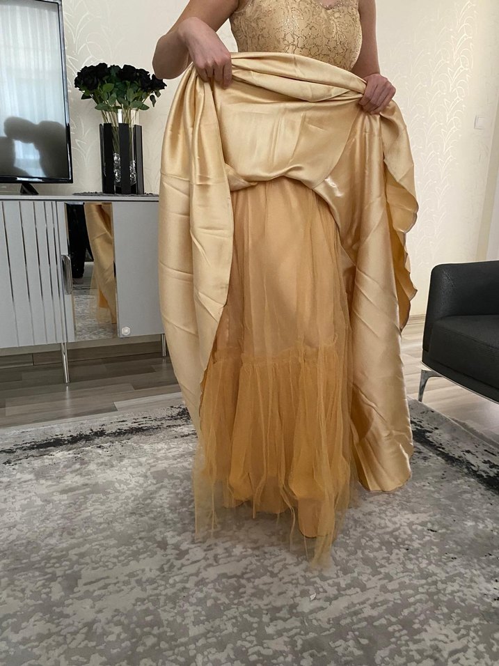 Bej Nakışlı Midi V Yaka Dantelli Abiye - Görsel 4