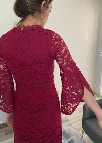 Bordo Dantel V Yakalı Midi Elbise - Görsel 2