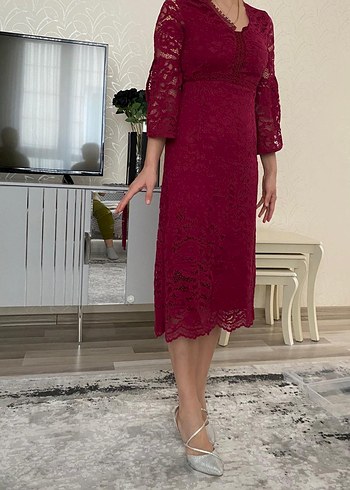 Bordo Dantel V Yakalı Midi Elbise - Görsel 3