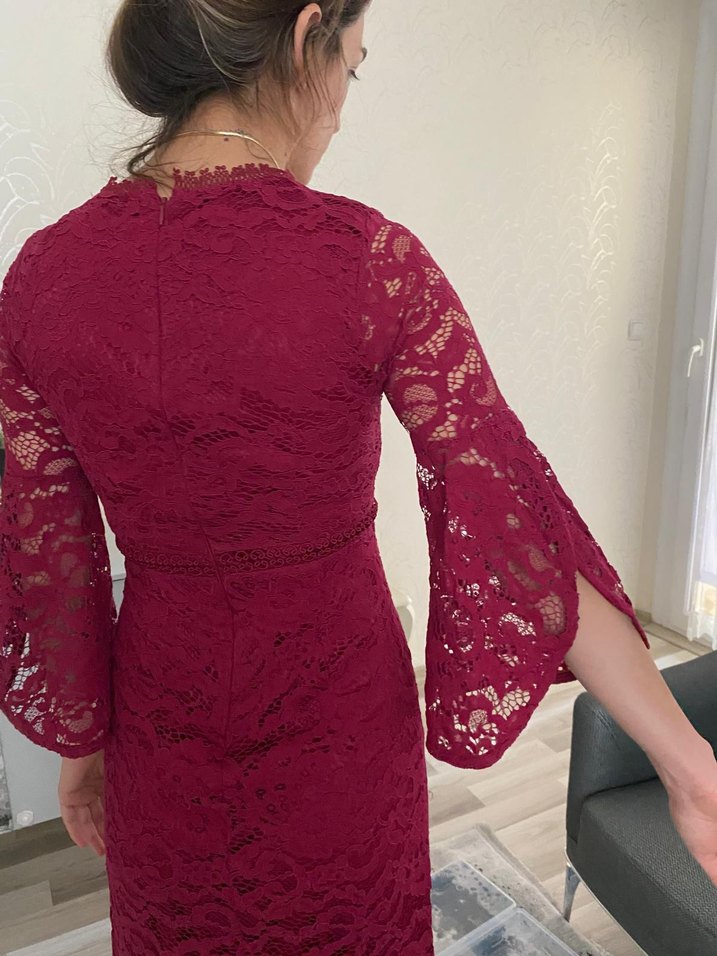 Bordo Dantel V Yakalı Midi Elbise - Görsel 2