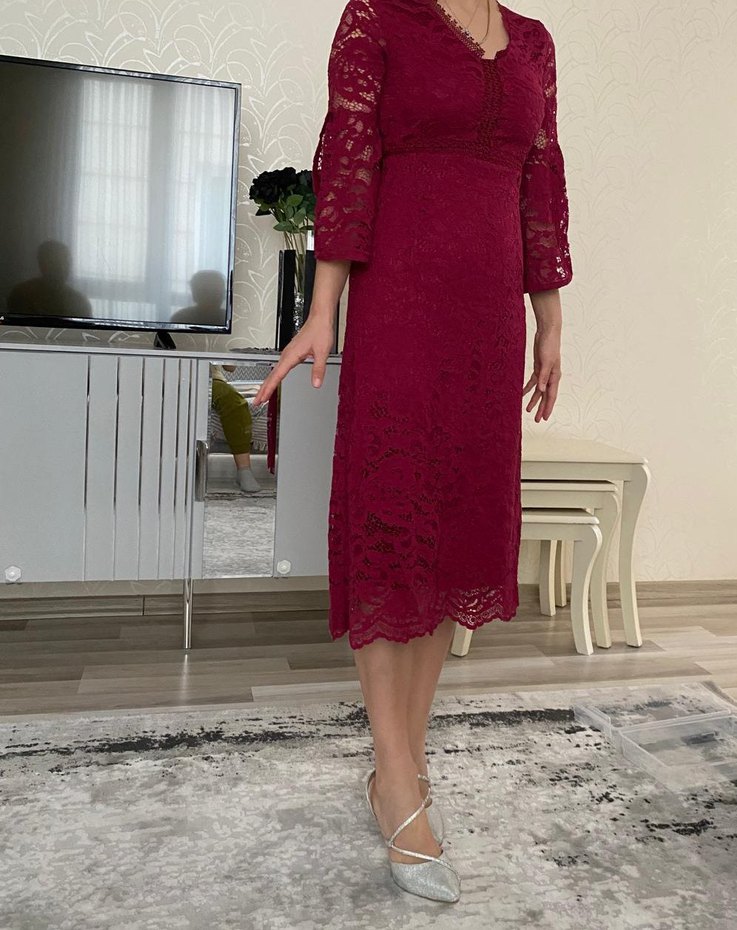 Bordo Dantel V Yakalı Midi Elbise - Görsel 3
