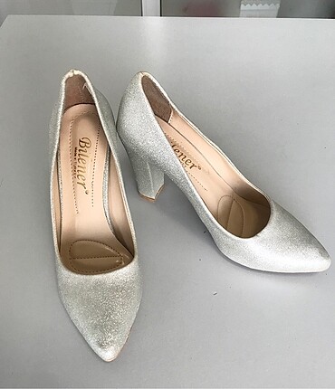 H&M Gümüş simli kalın topuklu ayakkabı