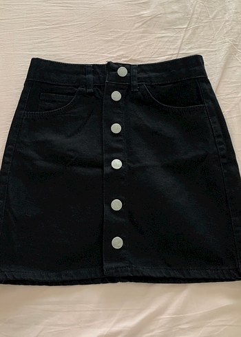 Düğmeli Siyah Denim Mini Etek