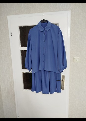 Mavi Kadın Ofis Takımı - Midi Pilili Etek ve Uzun Kollu Bluz - Görsel 5