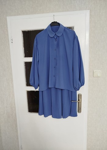 Mavi Kadın Ofis Takımı - Midi Pilili Etek ve Uzun Kollu Bluz - Görsel 7