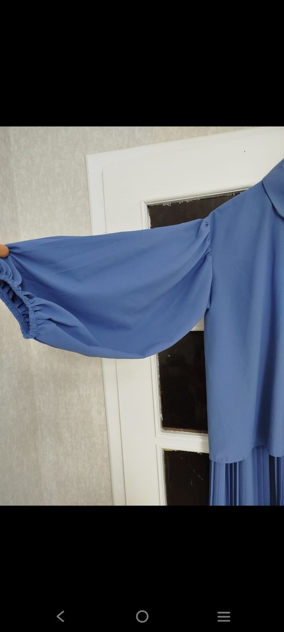 Mavi Kadın Ofis Takımı - Midi Pilili Etek ve Uzun Kollu Bluz - Görsel 3