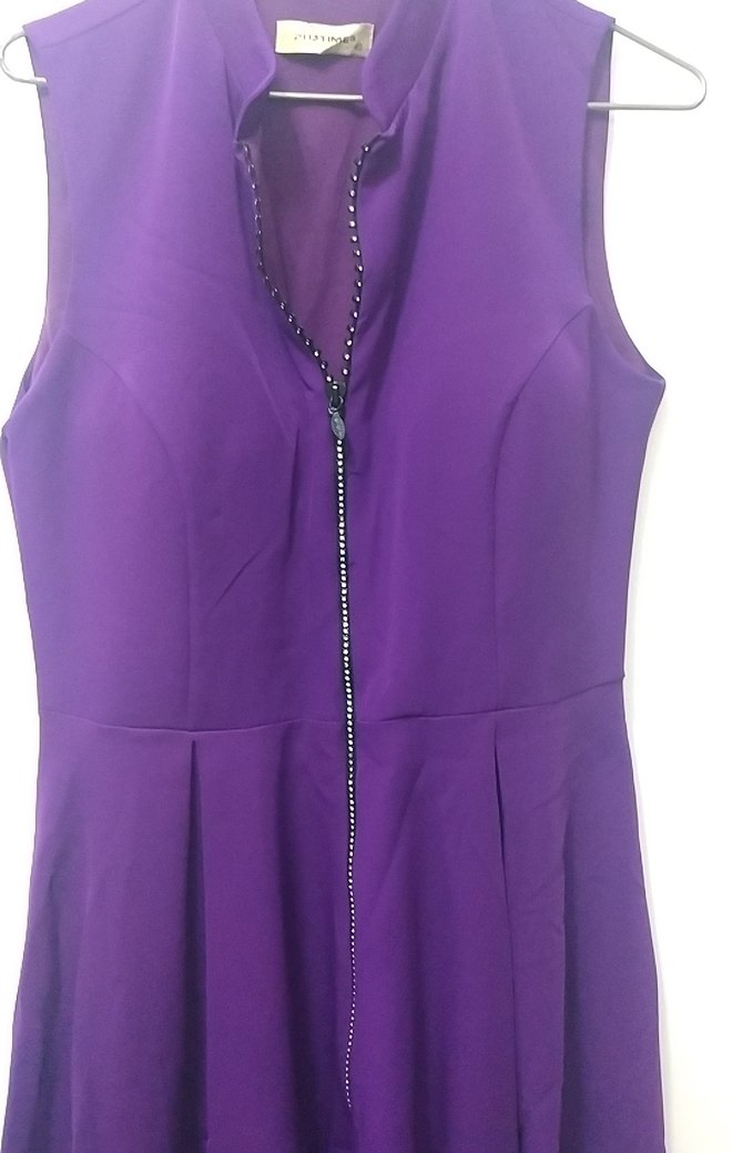 Mor Midi V Yaka Kolsuz Elbise - Görsel 2