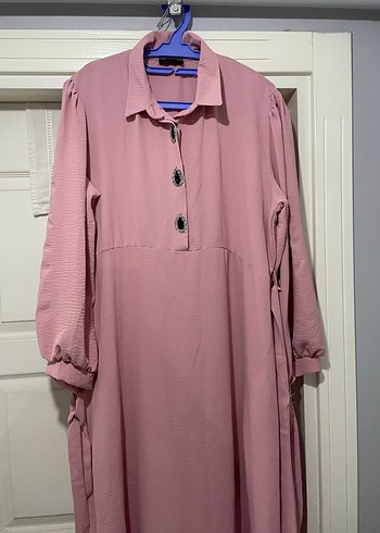 Düğmeli Uzun toz Pembe Kadın tesettür Elbise