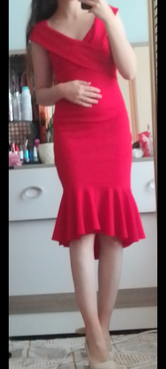 Kırmızı Drapeli V Yaka Abiye Elbise - Görsel 3