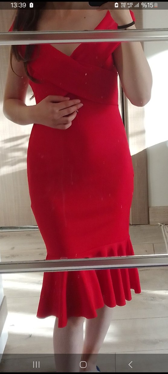 Kırmızı Drapeli V Yaka Abiye Elbise - Görsel 2