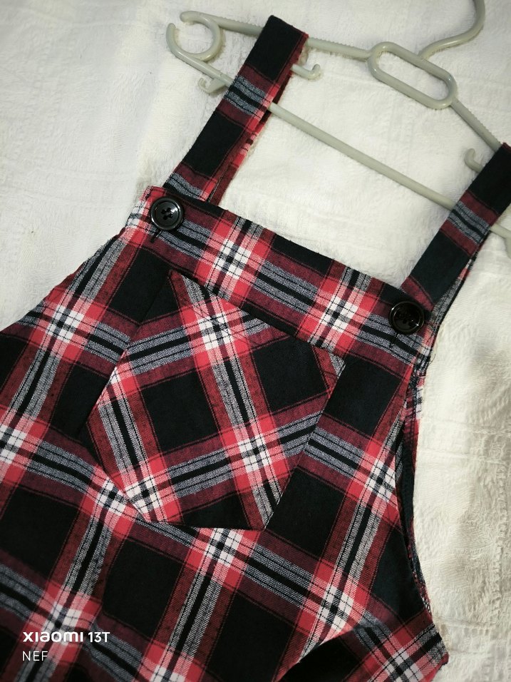 Renkli Kareli Kırmızı salopet - Görsel 4