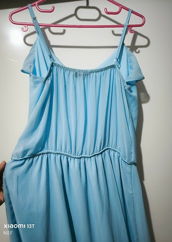 Mavi Fırfırlı Uzun Askılı Elbise - Görsel 5