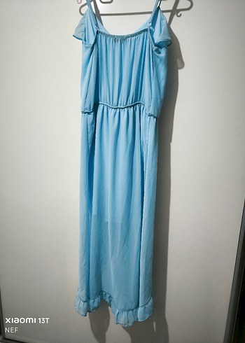 Mavi Fırfırlı Uzun Askılı Elbise - Görsel 6