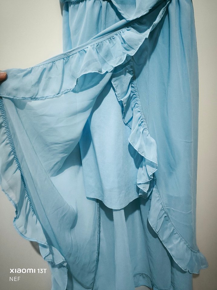 Mavi Fırfırlı Uzun Askılı Elbise - Görsel 3